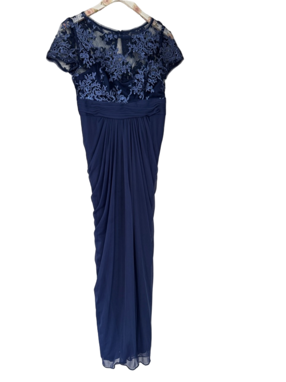 Adrianna Papell Navy Lace Appliqué Maxi Dress